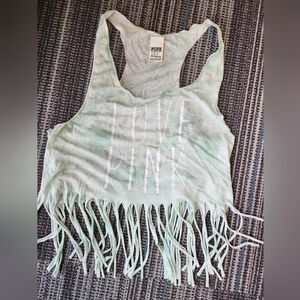 PINK Fringed Tank Top Semi Sheer Tie Dye Turquoise and White